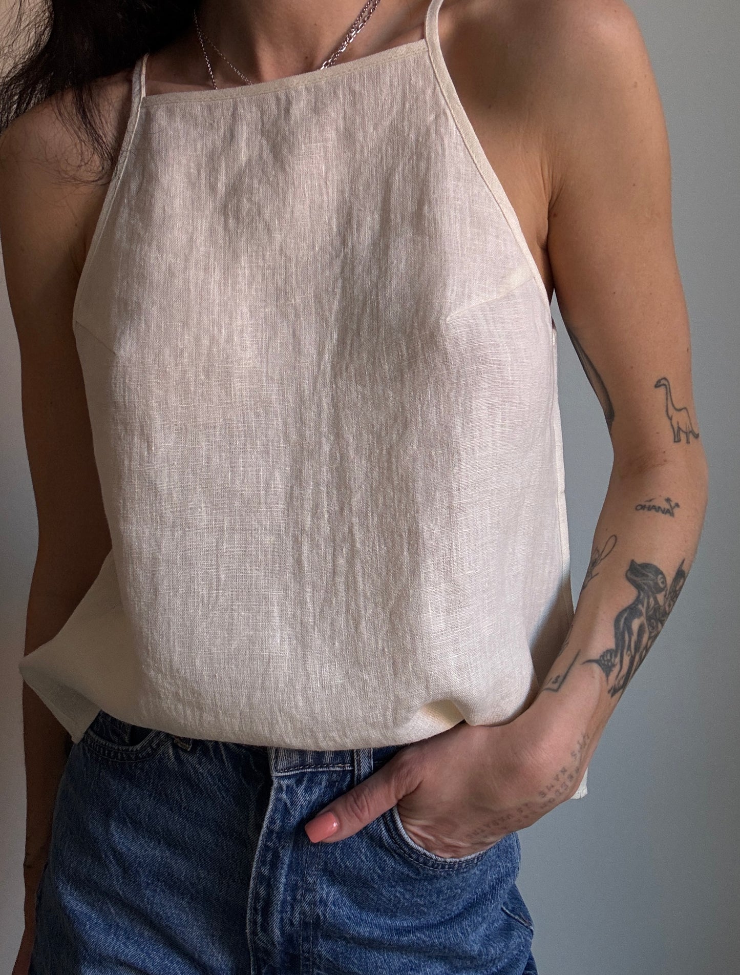 Cream beige linen top with straight neckline