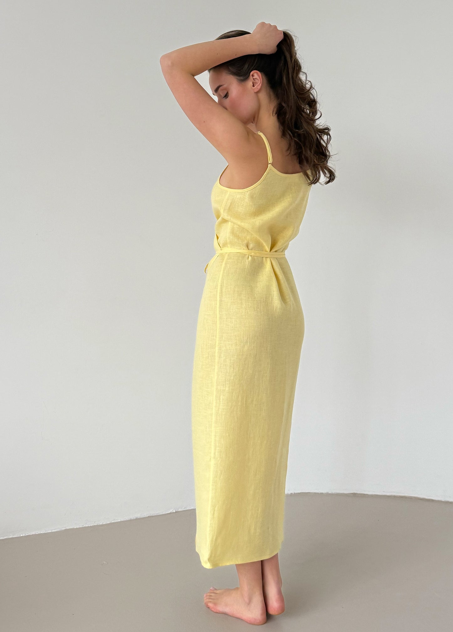 Lemon-yellow linen wrap dress