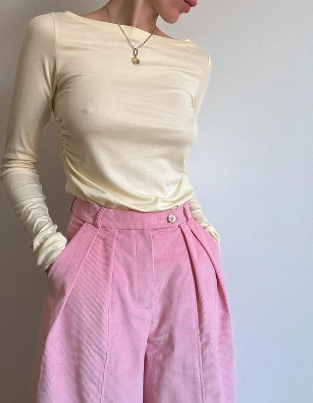 Barbie pink corduroy baggy trousers with fly