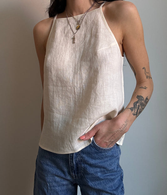 Cream beige linen top with straight neckline