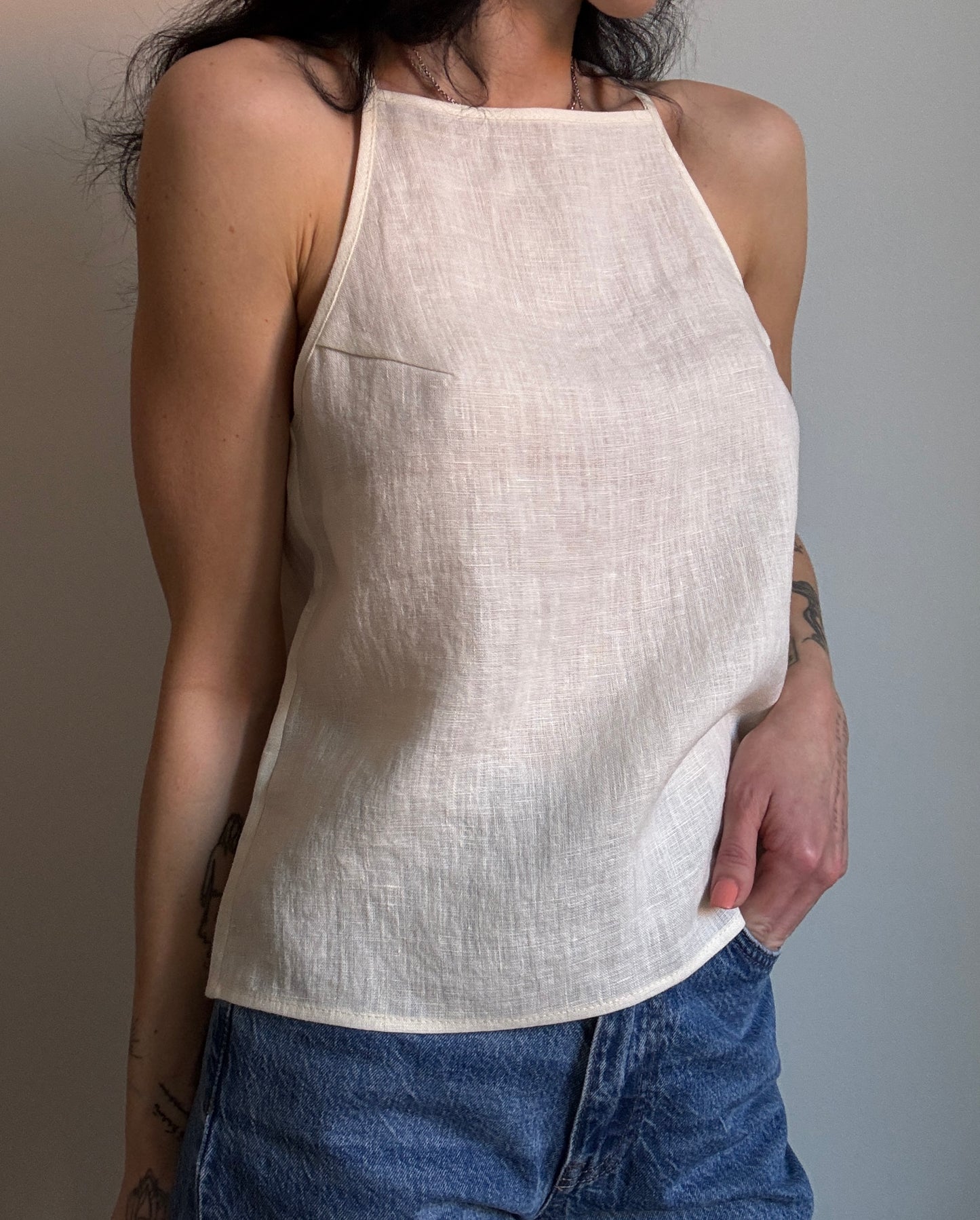Cream beige linen top with straight neckline