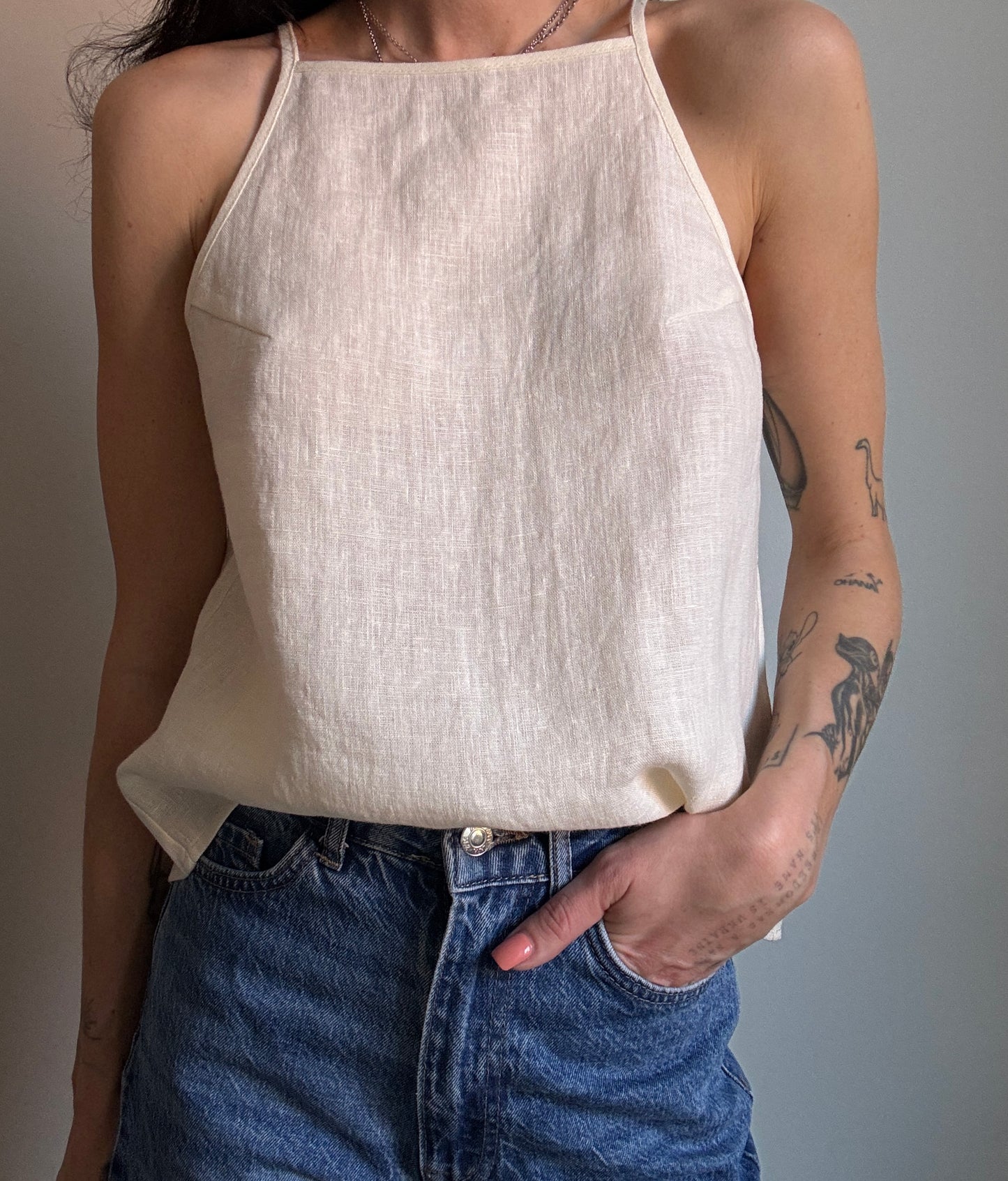 Cream beige linen top with straight neckline