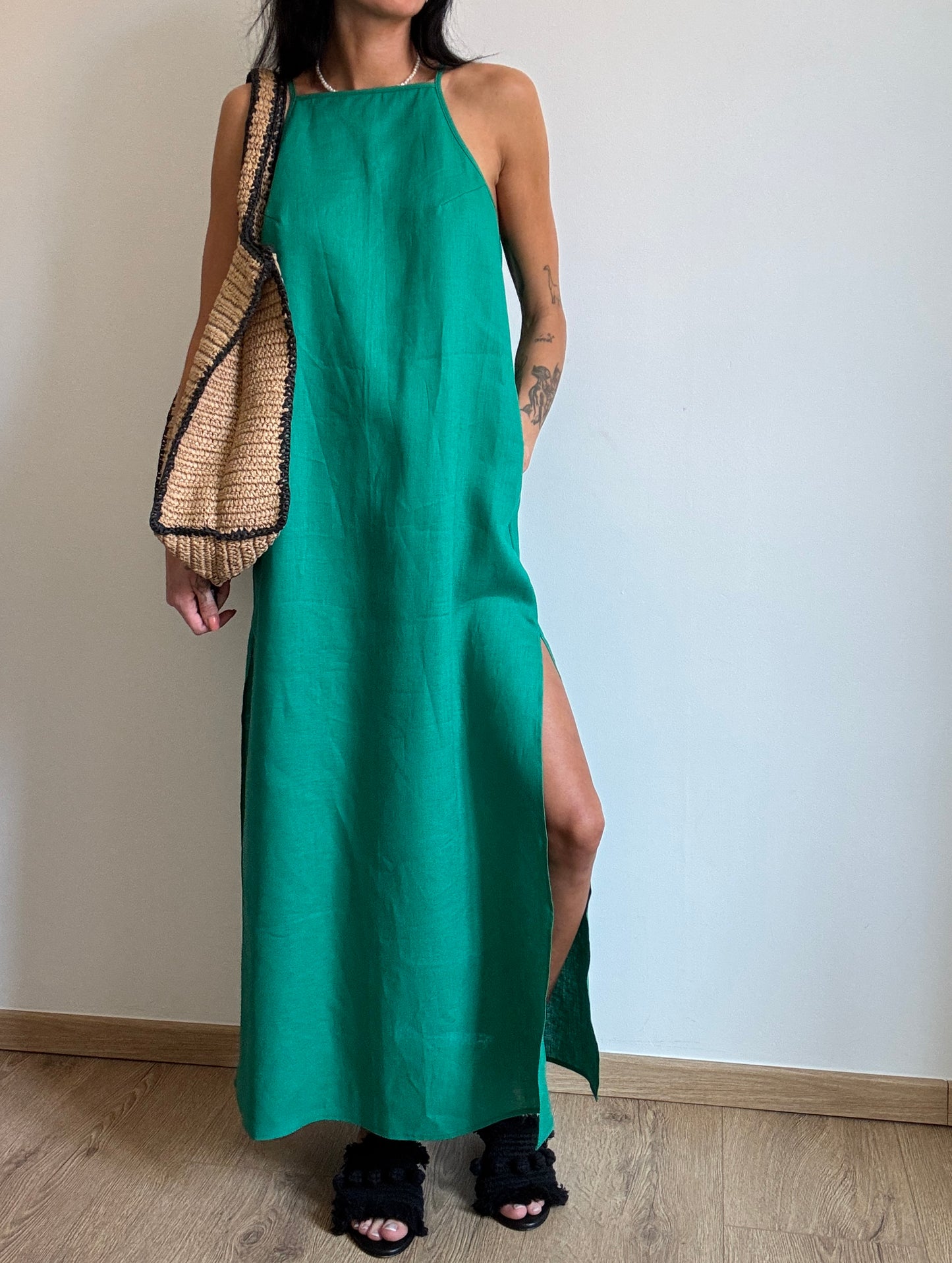 Green linen dress with straight neckline