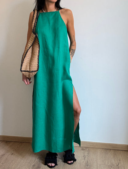 Green linen dress with straight neckline