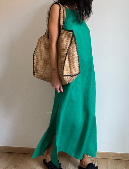 Green linen dress with straight neckline