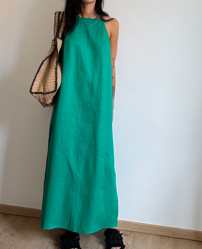 Green linen dress with straight neckline