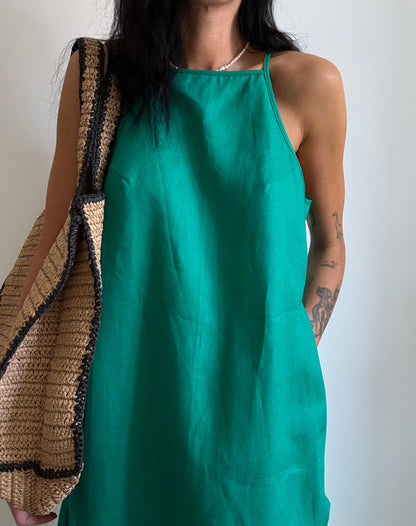 Green linen dress with straight neckline