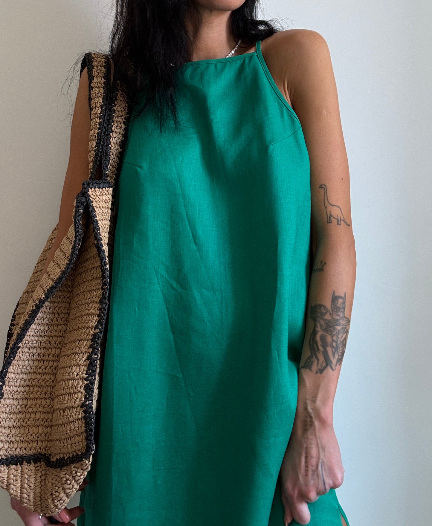 Green linen dress with straight neckline