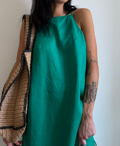 Green linen dress with straight neckline