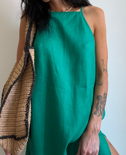 Green linen dress with straight neckline