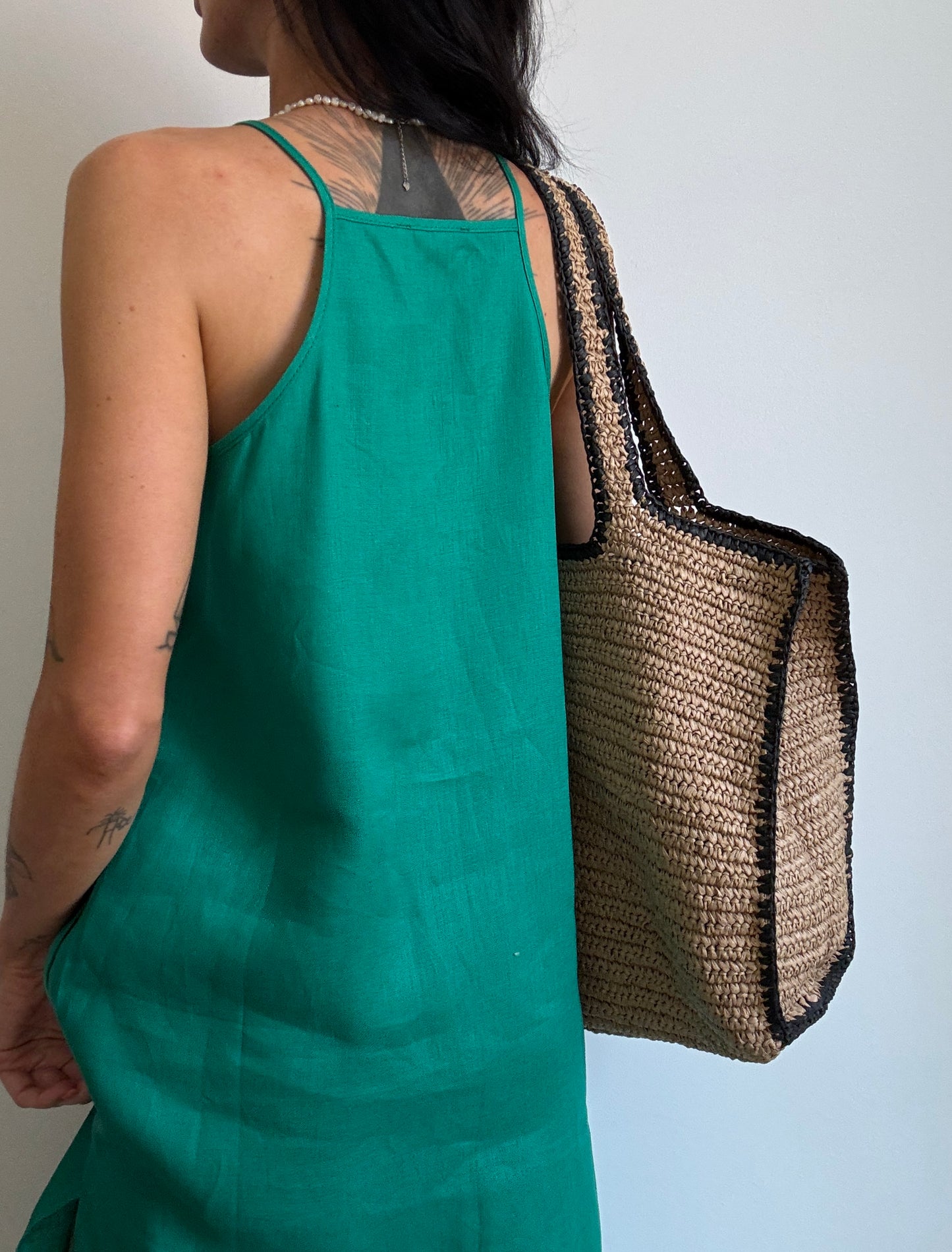 Green linen dress with straight neckline
