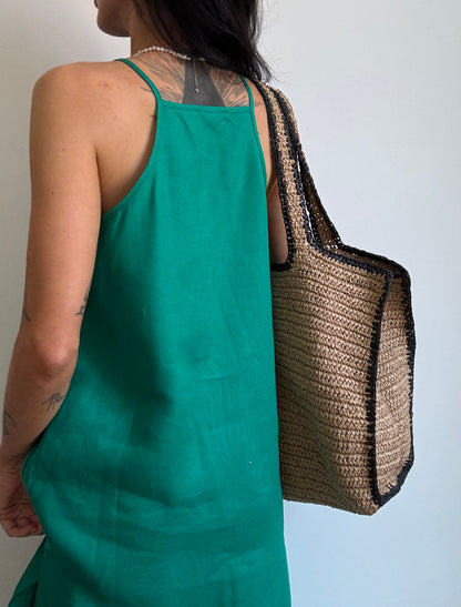 Green linen dress with straight neckline