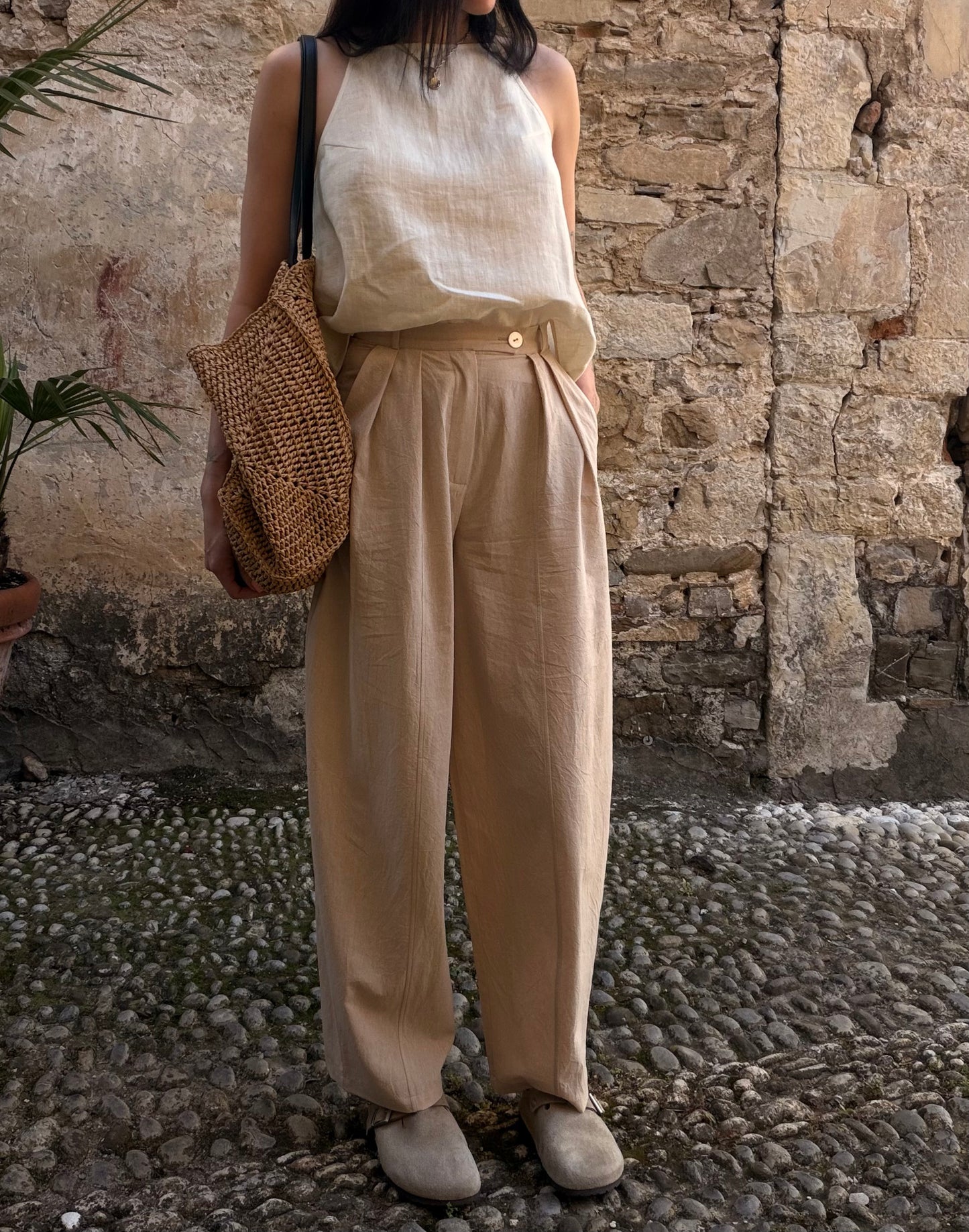 Beige garment-washed cotton trousers