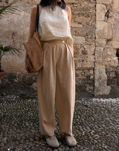Beige garment-washed cotton trousers