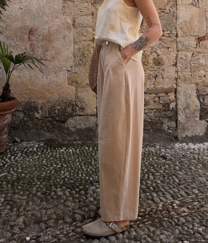 Beige garment-washed cotton trousers