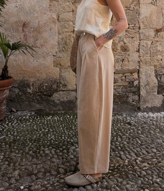 Beige garment-washed cotton trousers