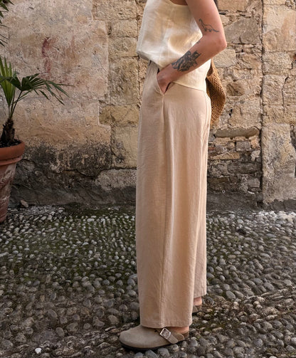 Beige garment-washed cotton trousers