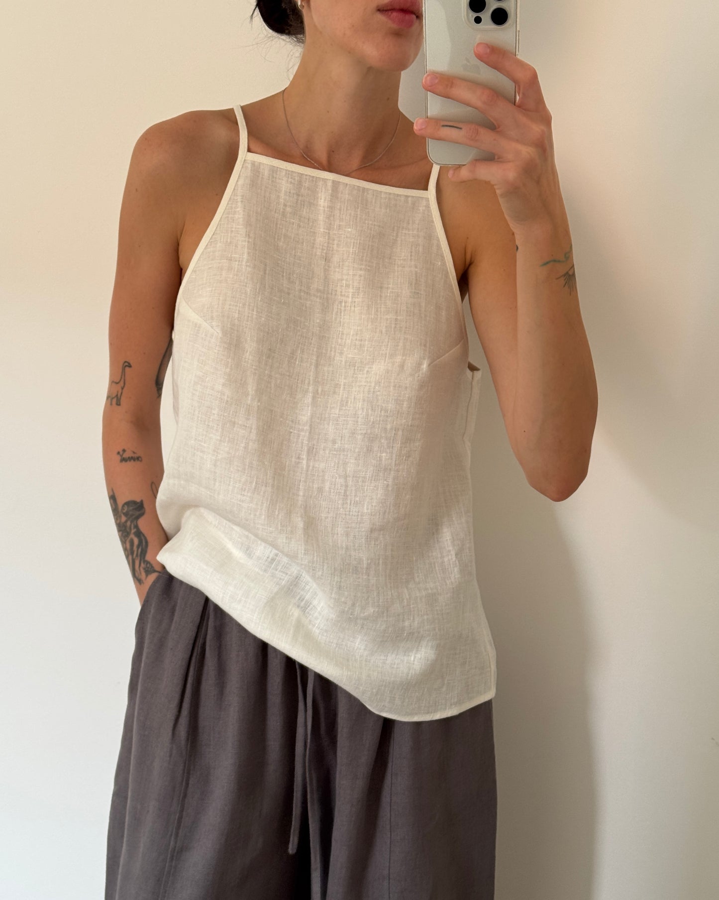 Ivory linen top with straight neckline