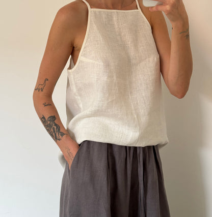 Ivory linen top with straight neckline