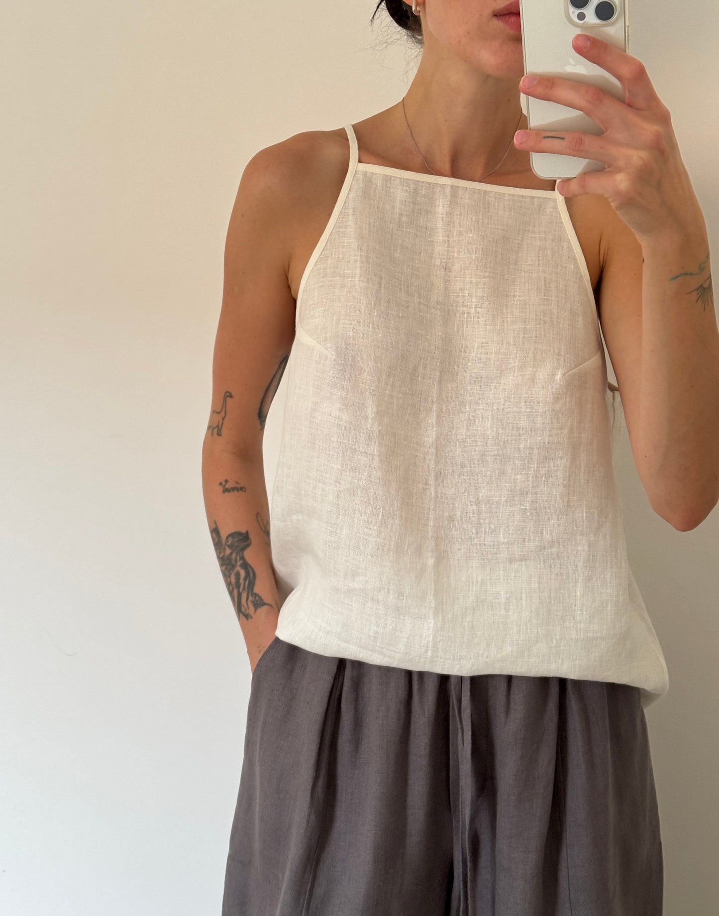 Ivory linen top with straight neckline