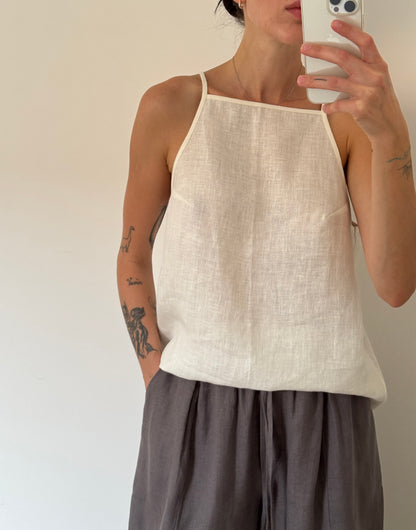Ivory linen top with straight neckline