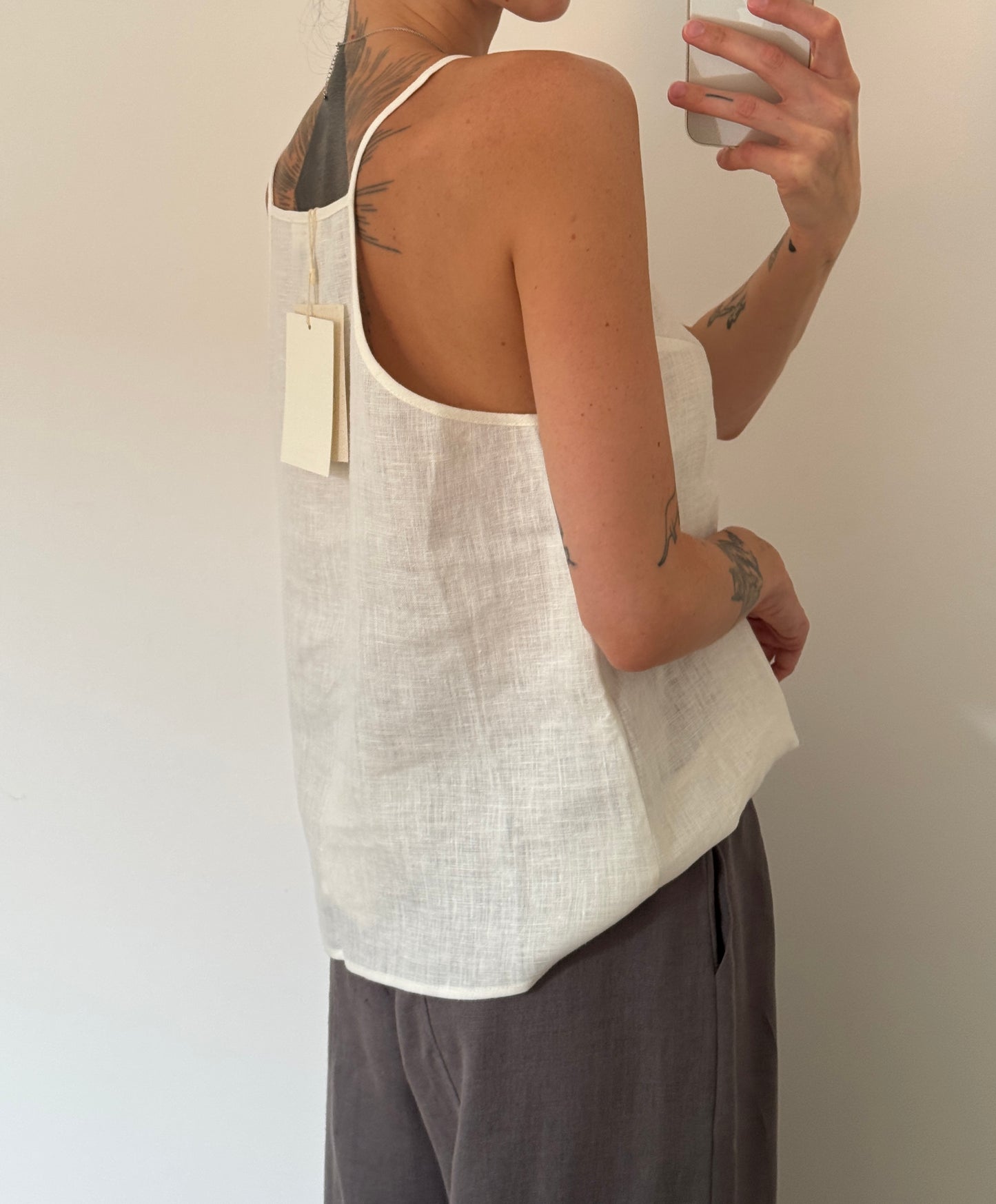 Ivory linen top with straight neckline