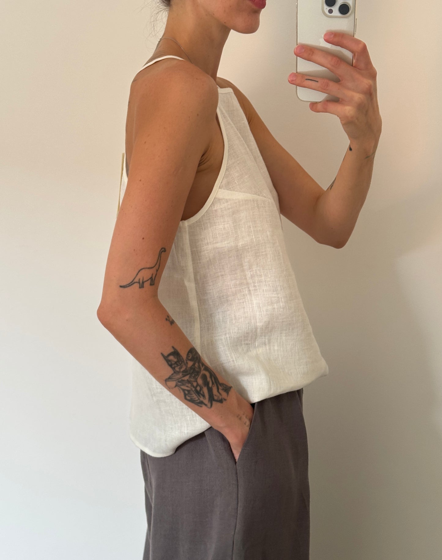 Ivory linen top with straight neckline