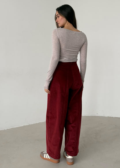 Wine corduroy baggy trousers with fly