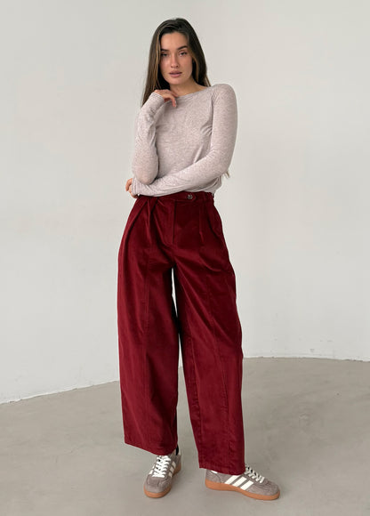 Wine corduroy baggy trousers with fly