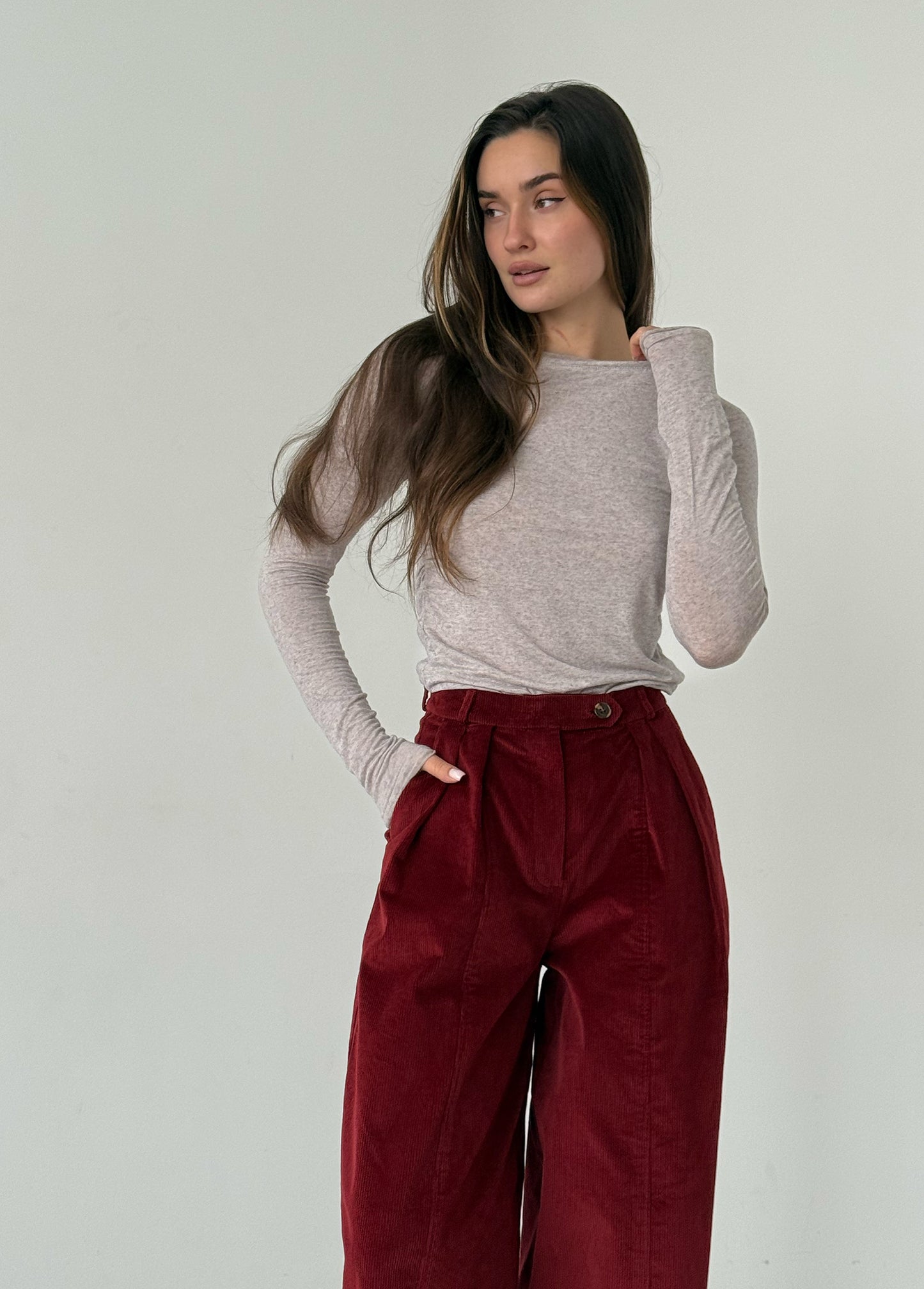 Wine corduroy baggy trousers with fly