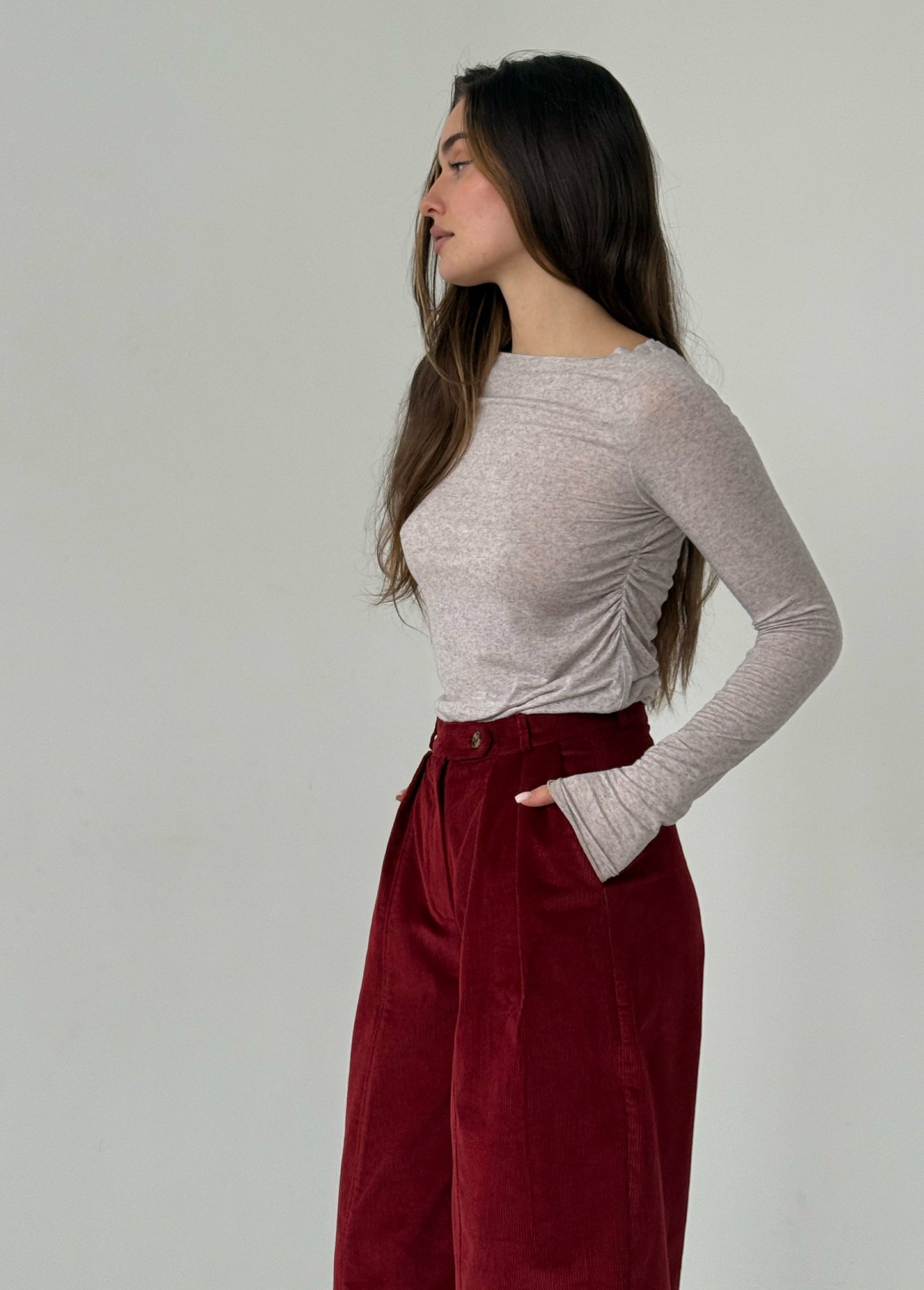 Wine corduroy baggy trousers with fly