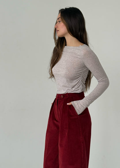 Wine corduroy baggy trousers with fly