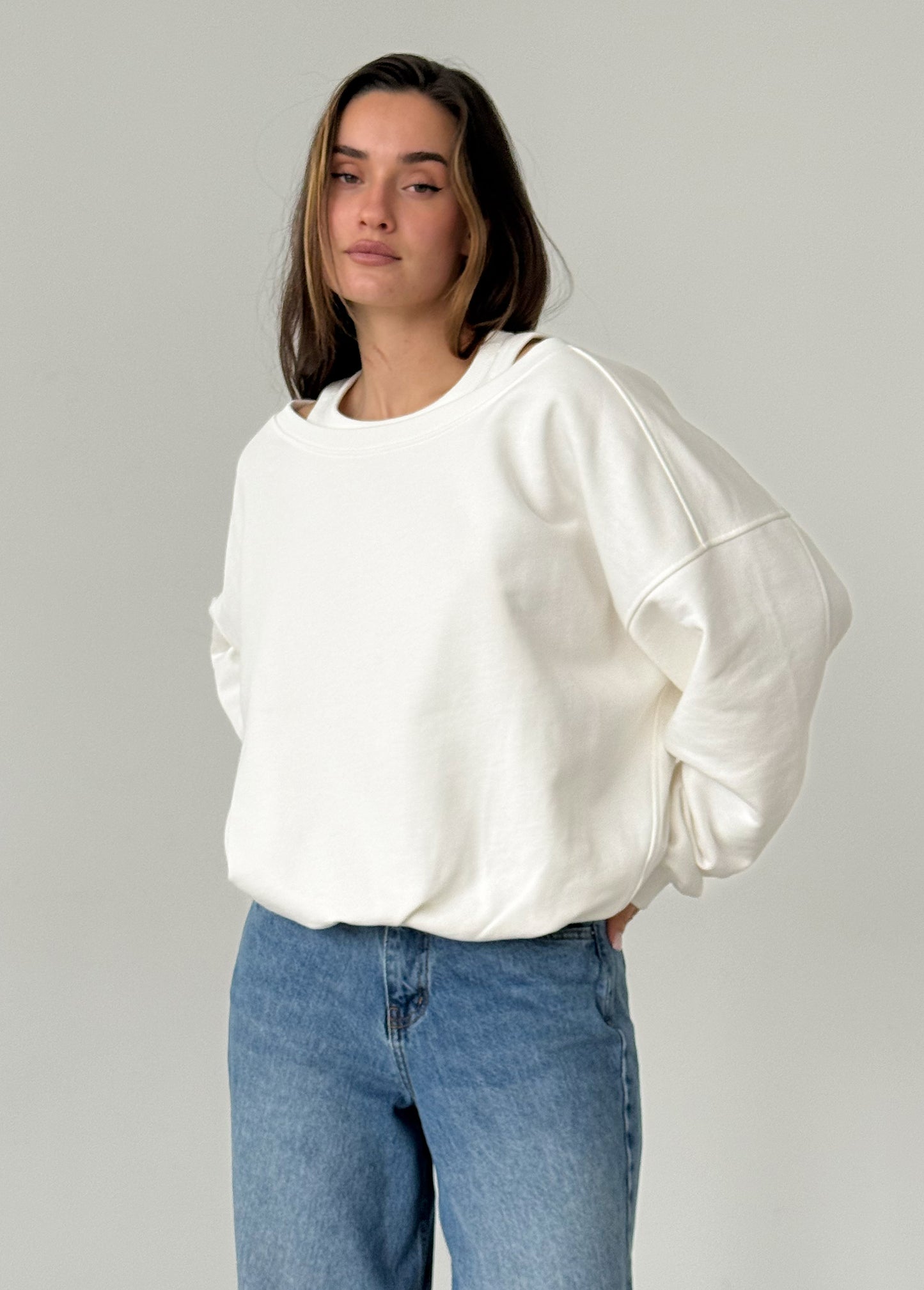White cotton sweatshirt with layered T-shirt