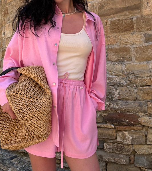 Pink linen-viscose shorts