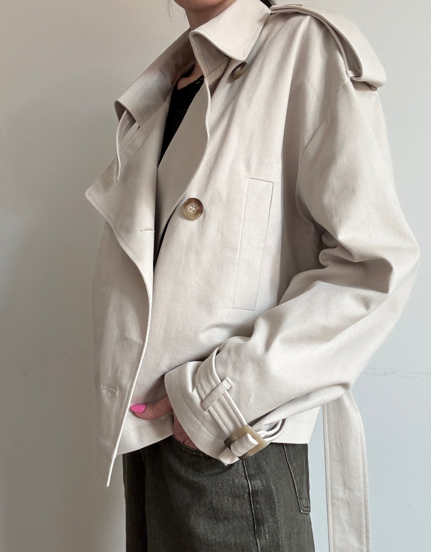 Sand cropped trench coat