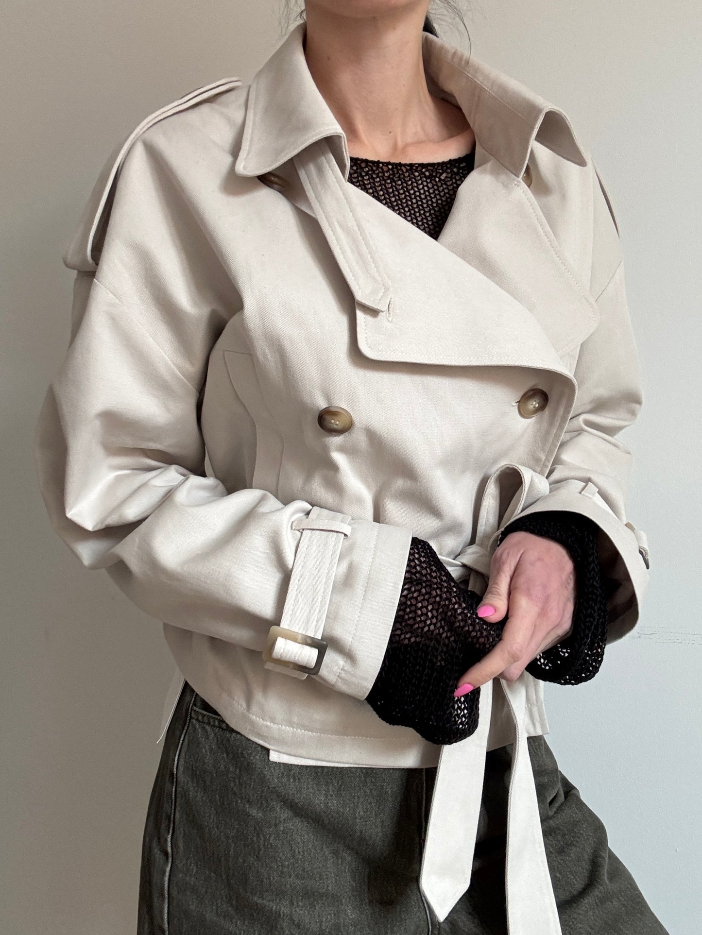 Sand cropped trench coat