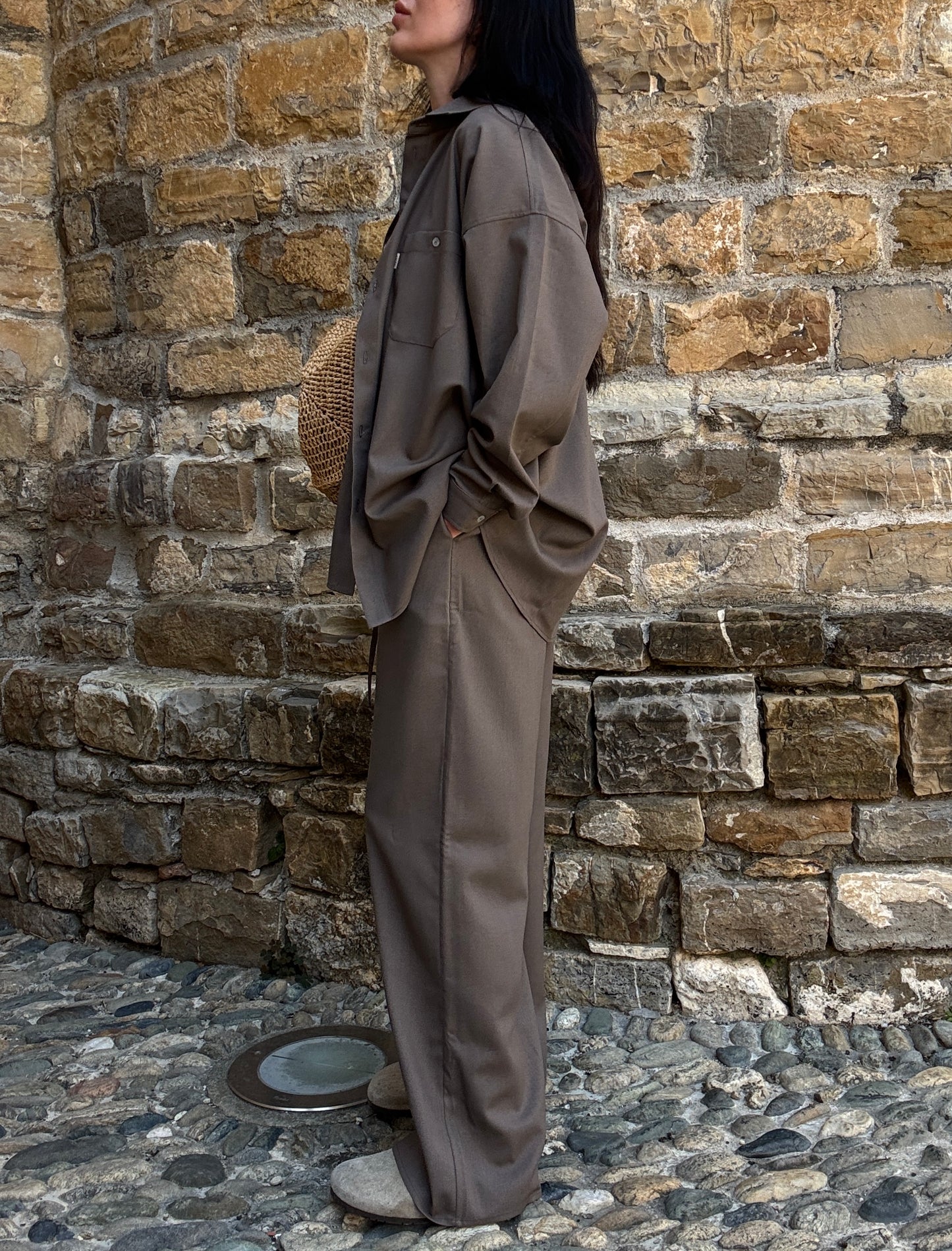 Chocolate linen-viscose trousers