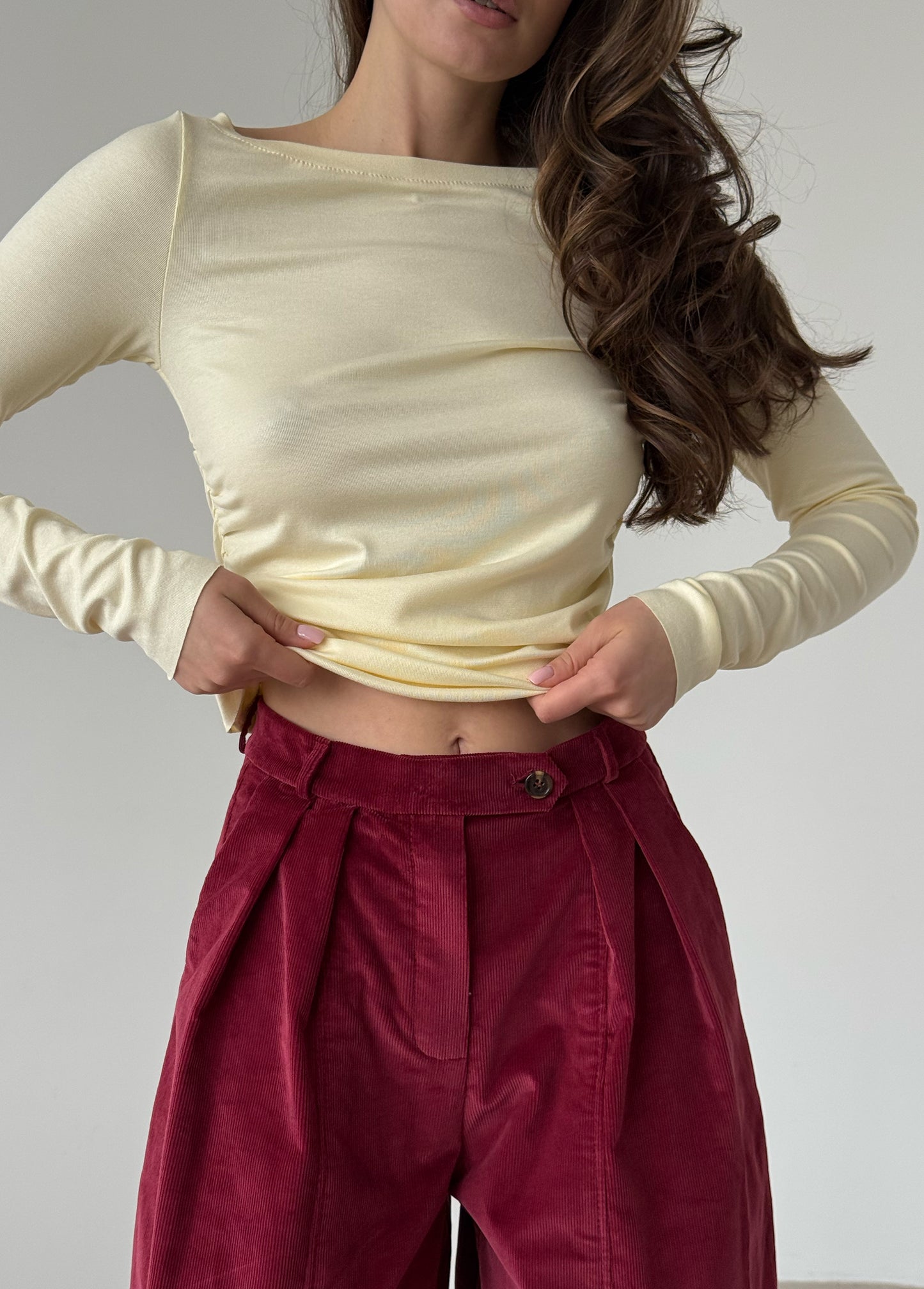 Raspberry corduroy baggy trousers with fly