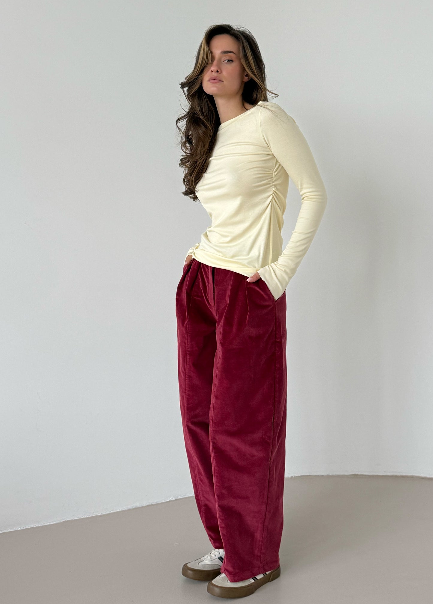 Raspberry corduroy baggy trousers with fly