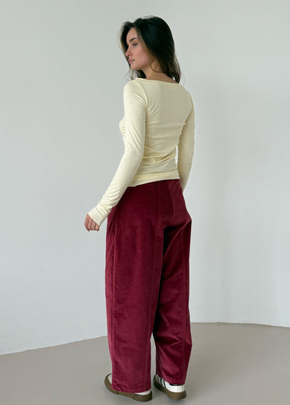 Raspberry corduroy baggy trousers with fly
