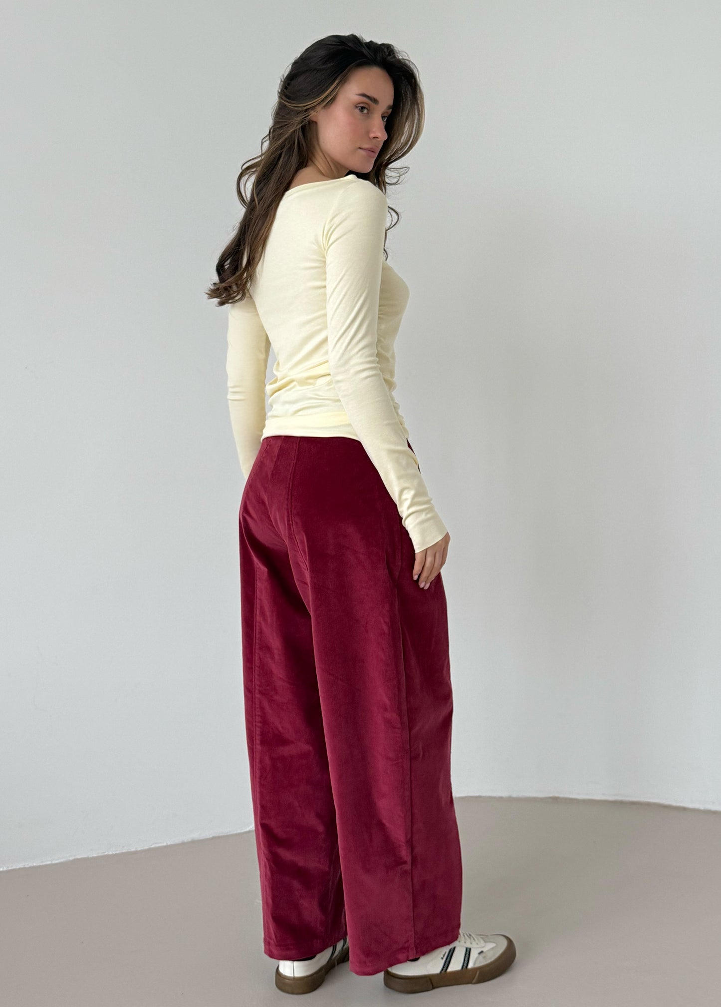 Raspberry corduroy baggy trousers with fly