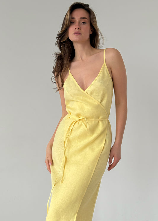 Lemon-yellow linen wrap dress