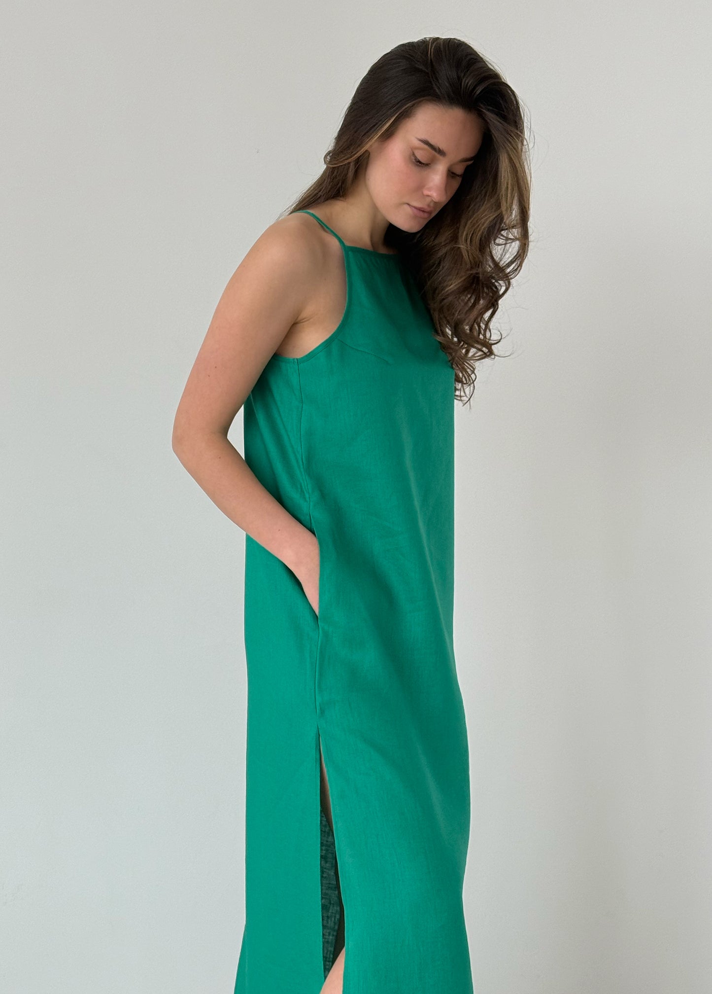 Green linen dress with straight neckline