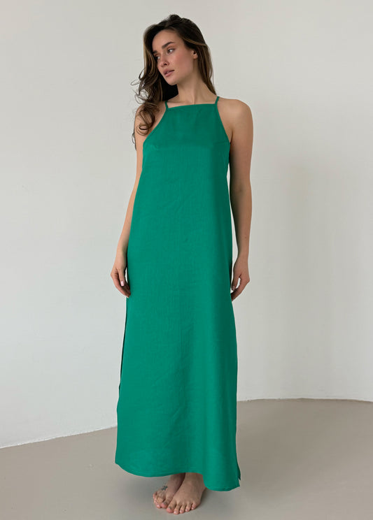 Green linen dress with straight neckline