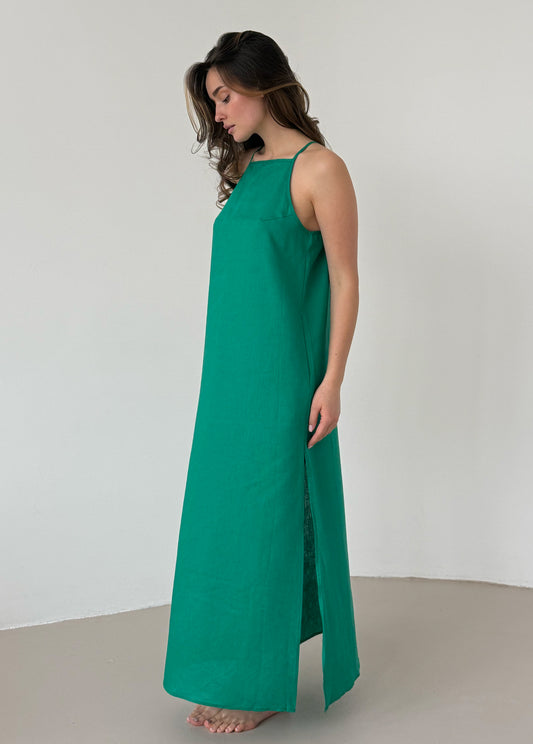 Green linen dress with straight neckline