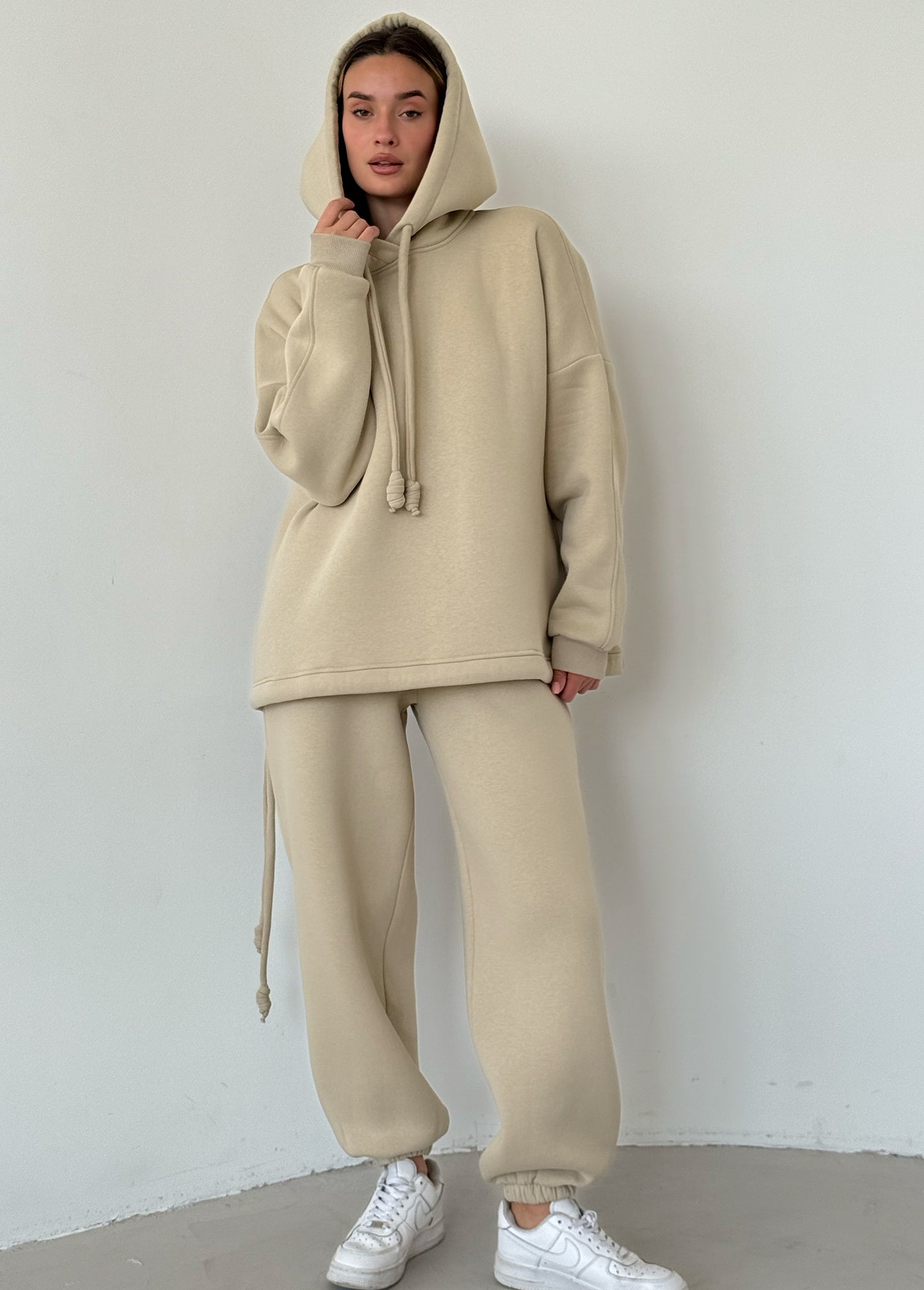 Light beige basic fleece hoodie