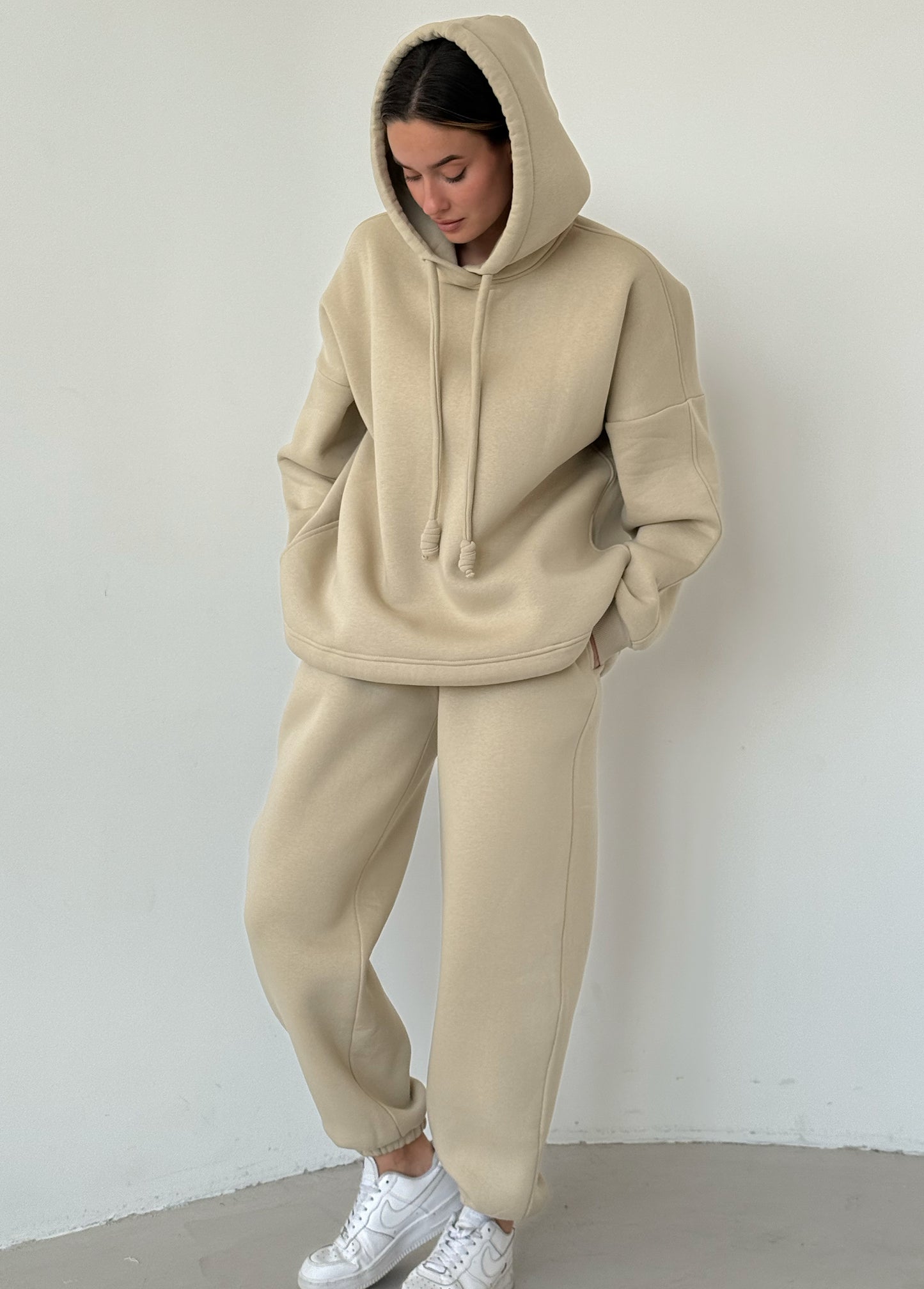 Light beige basic fleece hoodie