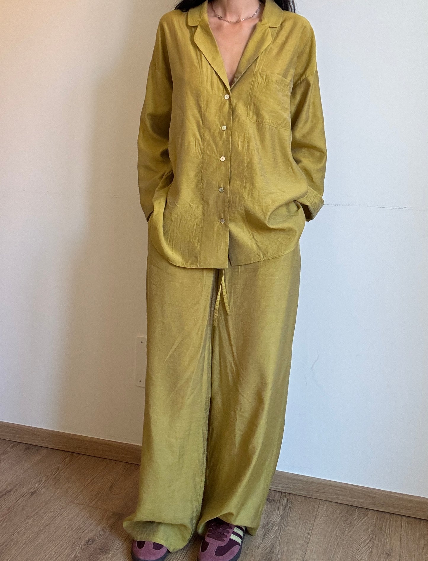 Golden lime silk-blend suit