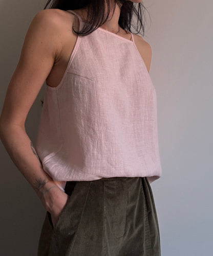 Light pink linen top with straight neckline