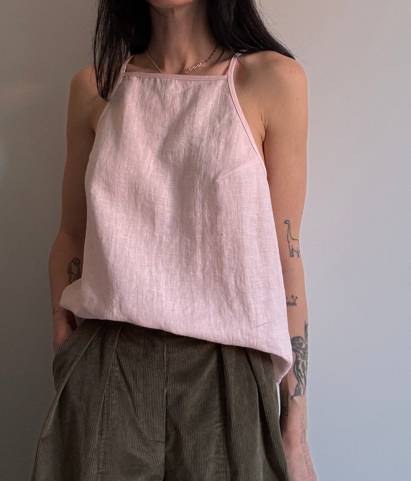 Light pink linen top with straight neckline